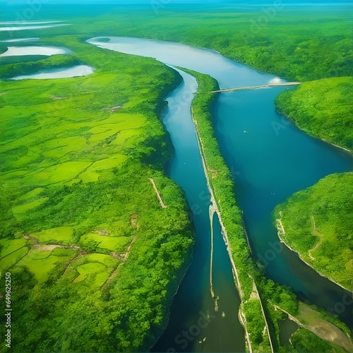luftbild wasserstrasse amazonas regenwald grüner wald abholzung tropen brasilien wasserstrasse kanal - fiktiv generative ki ai 