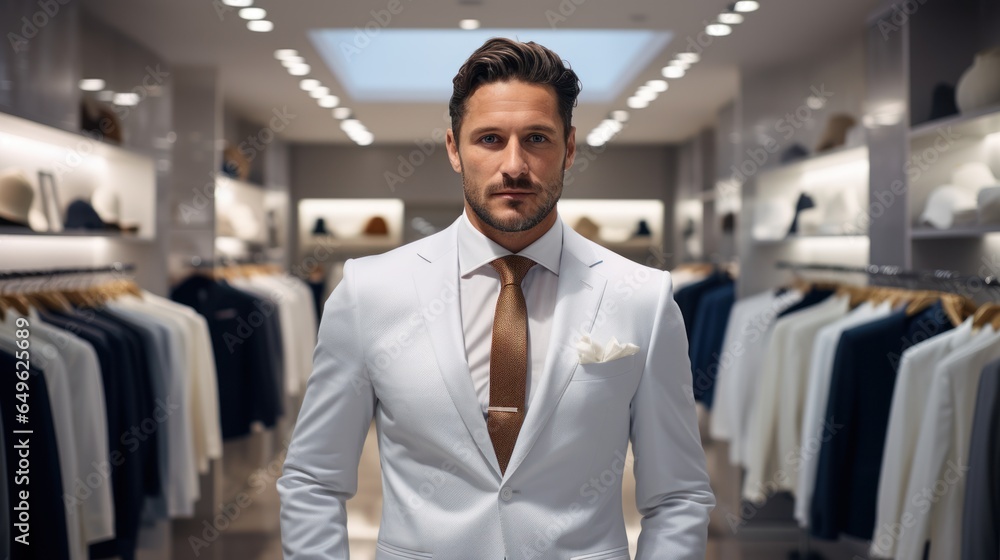 A man in a classic suit stands in the fitting room of a luxury men's boutique. A man in a classic suit stands in the fitting room of a luxury men's boutique.