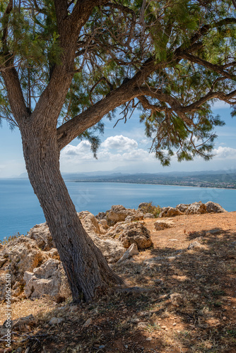 View of the coast of Kolymvari (Kolymbari) and the Aegean Sea near The War Memorial for Greek Cadets of World War 2, Platanias, Greece