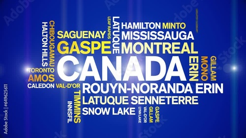 Canada animated tag word cloud;text design animation List of cities towns kinetic typography seamless loop. photo