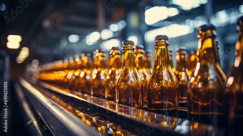 Brown beer glass drinking alcohol bottle, beer conveyor belt, modern production line