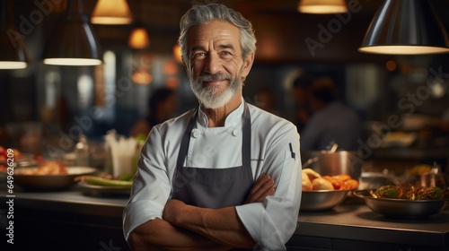 Happy Chef, an adult man of a big restaurant, smiling in a modern kitchen.