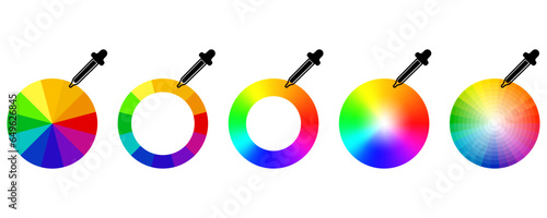 Vector spectrum of colors in the style of a wheel with a pepet. Vector isolated elements. A spectrum of all bright colors. Round palettes. Multicolored circle flat template. Vector illustration of col
