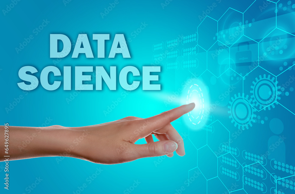 Data science. Woman touching digital screen, closeup Data science. Woman touching digital screen, closeup