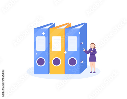 Office Administration staff concept. control document. a female employee checks the company files. Organize and manage corporate documents. do archiving. illustration design concept. vector elements
