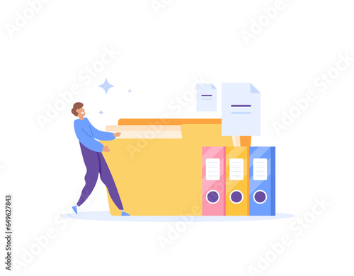 Office administration staff concept. control document. management of company files. male employees organize and manage company documents. do archiving. illustration design concept. vector elements