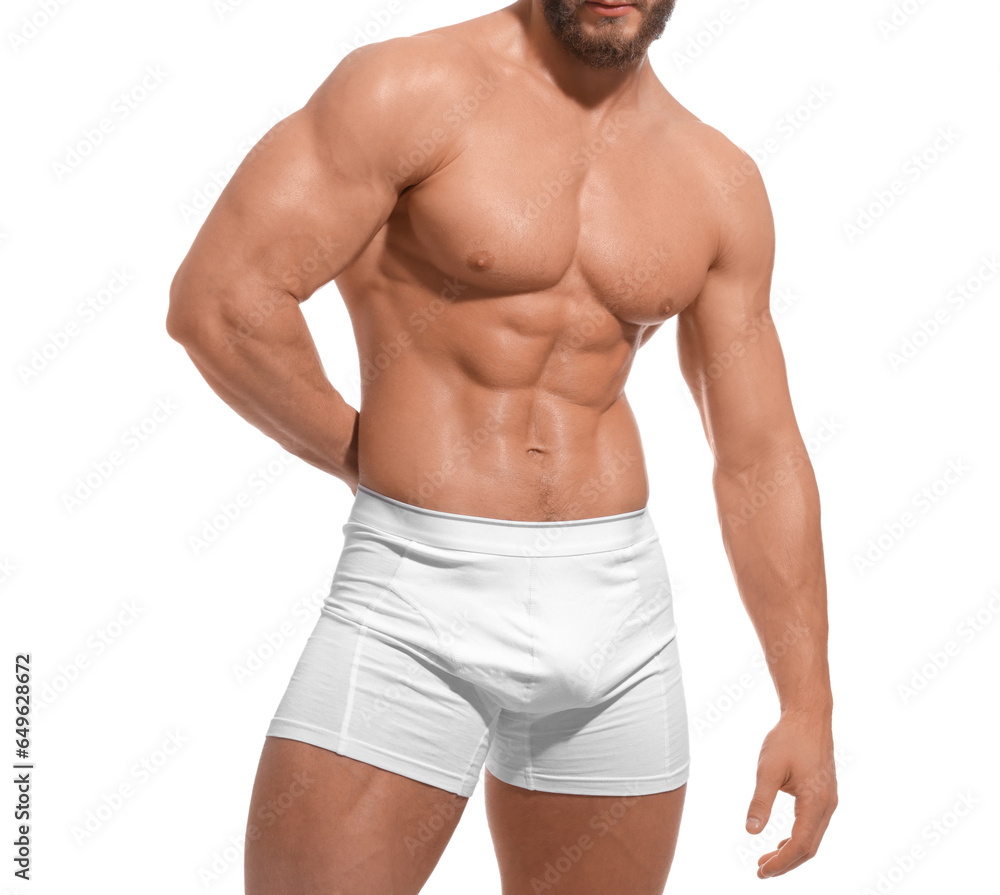 Muscular man showing abs isolated on white, closeup. Sexy body Muscular man showing abs isolated on white, closeup. Sexy body
