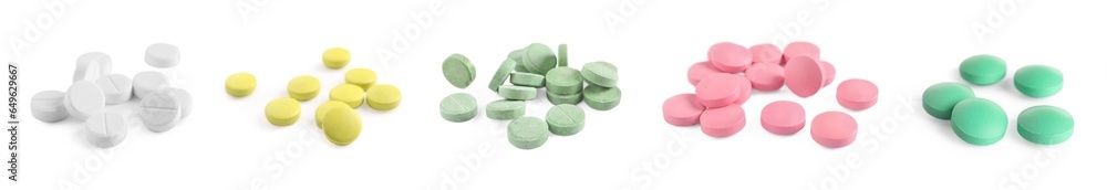 Set with piles of different pills isolated on white Set with piles of different pills isolated on white