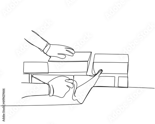 Bricklaying, building, building walls one line art. Continuous line drawing of repair, professional, hand, people, concept, support, maintenance.