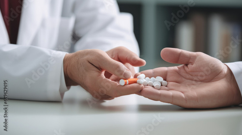 Doctor giving pills to patient, close up