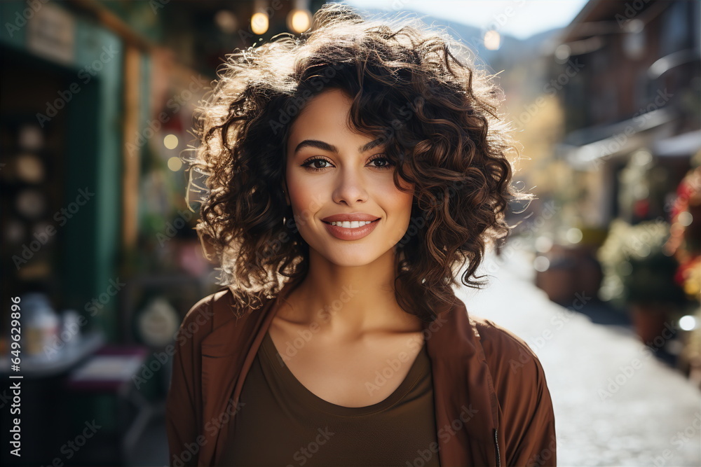 Beautiful woman with curly hair on background of mountains portrait. Tours and travel concept. AI generated Beautiful woman with curly hair on background of mountains portrait. Tours and travel concept. AI generated