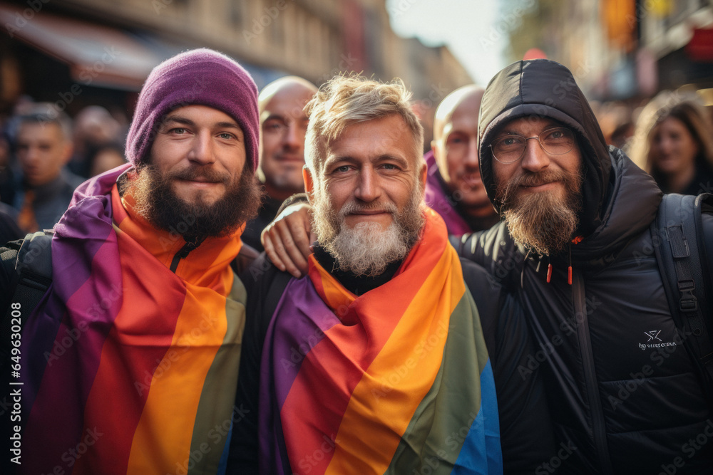 Mature lesbian and gay men and women holding lgbt flag at demonstration Mature lesbian and gay men and women holding lgbt flag at demonstration