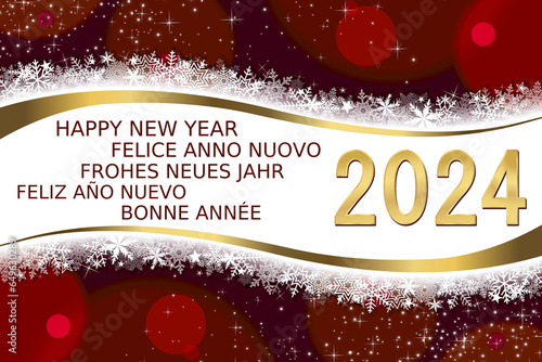 Greeting card with text happy new year 2024 in different languages