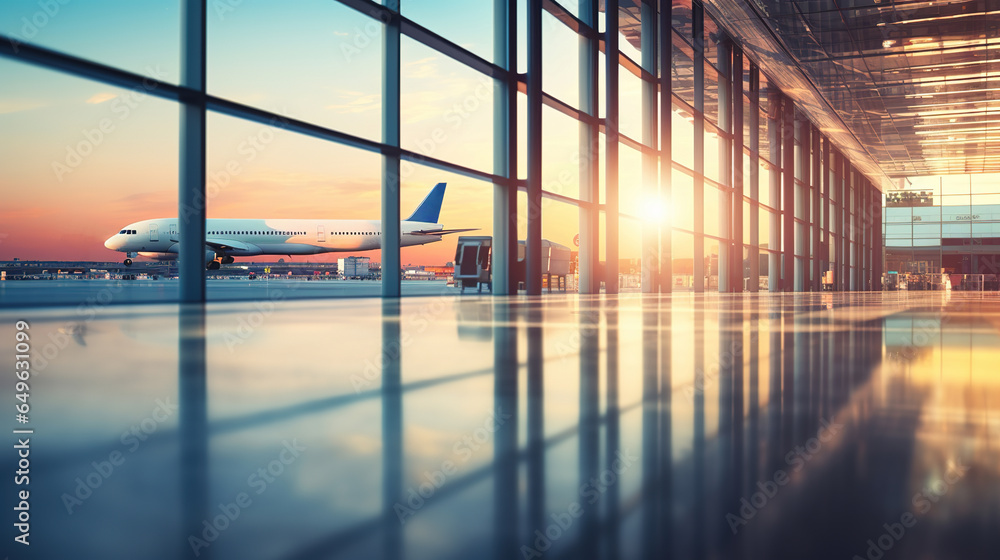 A fleet of aircraft is parked on the taxiway of the international airport runway. View of the terminal's panoramic window. Air freight background A fleet of aircraft is parked on the taxiway of the international airport runway. View of the terminal's panoramic window. Air freight background