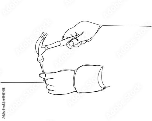 Construction worker hammering nails one line art. Continuous line drawing of repair, professional, hand, people, concept, support, maintenance.