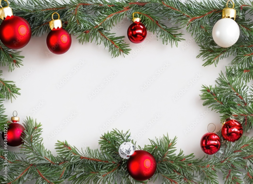 christmas branches border with christmas decorations, copy space. AI Generated. christmas branches border with christmas decorations, copy space. AI Generated.