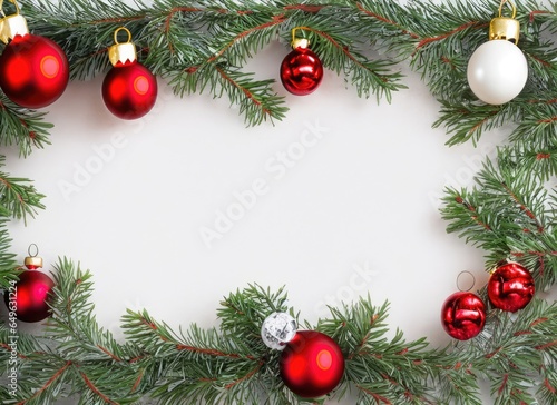 christmas branches border with christmas decorations, copy space. AI Generated.