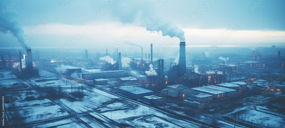 Factory chimneys blow pollution into environment. powerful industrial complex, chimney chemical plant in the discharge of pollutants, Industrial air pollution fromsmoke smogstacks, Extreme weather