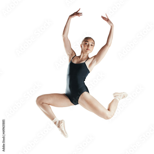 Portrait, dancing and woman with fitness, ballet and model isolated on a transparent background. Person, dancer or model with practice for performance, training and workout with png and wellness