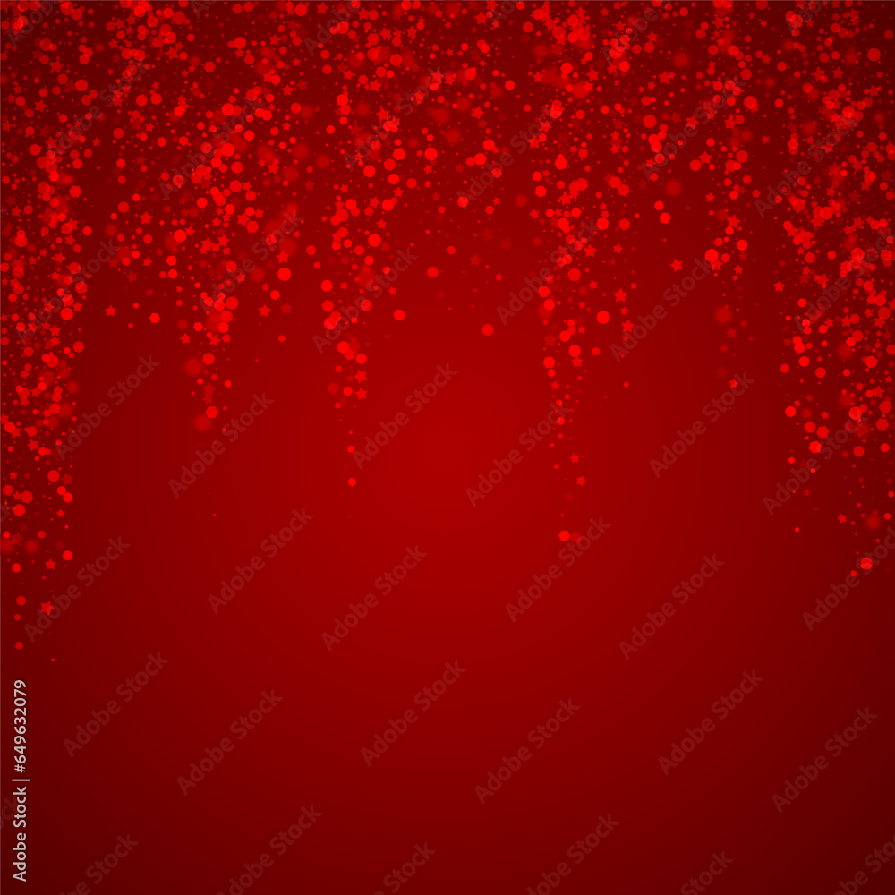 Falling snowflakes christmas background. Subtle flying snow flakes and stars on christmas red background. Beautifully falling snowflakes overlay. Square vector illustration.