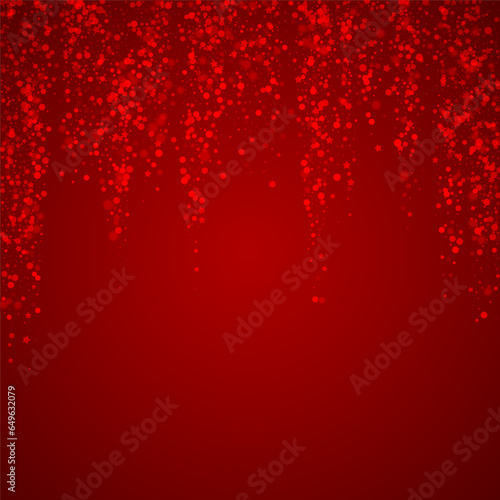 Falling snowflakes christmas background. Subtle flying snow flakes and stars on christmas red background. Beautifully falling snowflakes overlay. Square vector illustration.