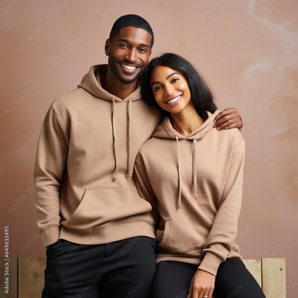 Fototapeta premium Illustration of a fashioncouple portrait with plain hoodie mockup, AI Generated