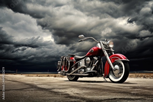Motorcycle on a road in the desert with stormy sky. American motorcycles on the road, AI Generated