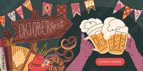 Horizontal web banner for Oktoberfest beer festival. The atmosphere of an autumn folk festival. Vector illustration in flat style.