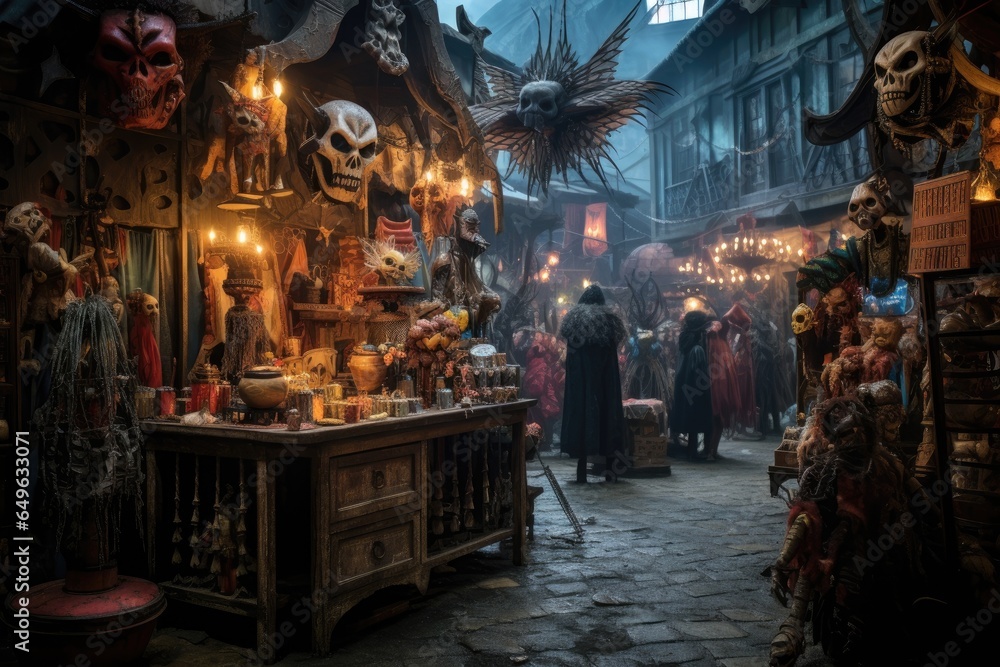 Traditional carnival masks in the old town of Rouen in Normandy, France, 3D Halloween costume shop, grotesque creatures that blend seamlessly with their costumes, AI Generated