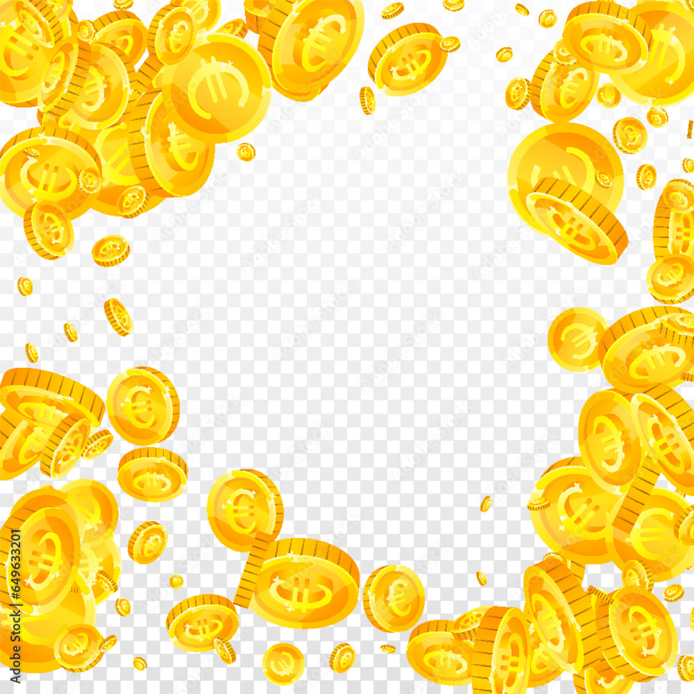 European Union Euro coins falling. Scattered gold EUR coins. Europe money. Great business success concept. Square vector illustration. European Union Euro coins falling. Scattered gold EUR coins. Europe money. Great business success concept. Square vector illustration.