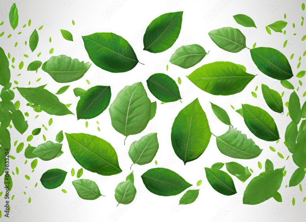 Flying realistic green leaves flowting isolate on white background. with copy space. AI Generated. Flying realistic green leaves flowting isolate on white background. with copy space. AI Generated.