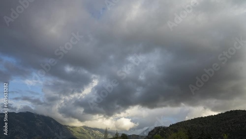 Fast moving clouds with the wind in the sky among the mountains. Time lapse. 4k footage UHD 3840x2160  photo