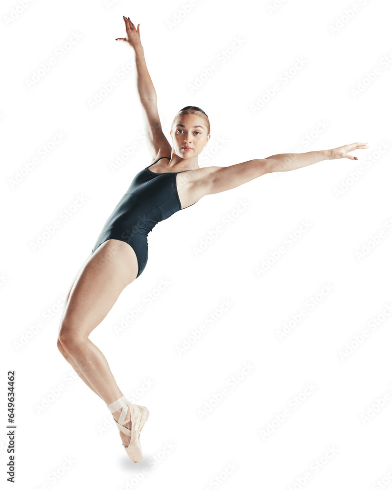 Portrait, stretching and woman dancing, ballerina and exercise isolated on a transparent background. Person, dancer or model with practice for performance, ballet and workout with png or fitnness - obrazy, fototapety, plakaty 