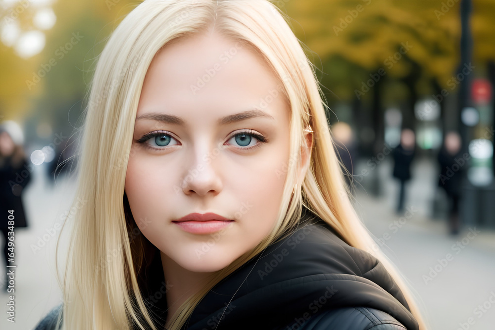 Beautiful young woman with long blond hair in autumn city. Outdoor city street portrait. Generative AI Beautiful young woman with long blond hair in autumn city. Outdoor city street portrait. Generative AI