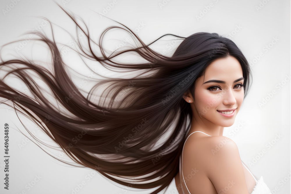 Woman with Healthy Black Flying Long Hair isolated on white background. Shiny Healthy colored hair lock closeup. Generative AI Woman with Healthy Black Flying Long Hair isolated on white background. Shiny Healthy colored hair lock closeup. Generative AI