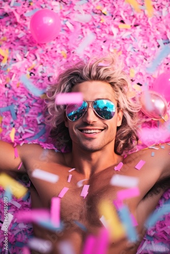 A joyful man wearing pink goggles and sunglasses lies amongst a sea of magenta and pastel confetti, celebrating the start of a new year with a bright smile