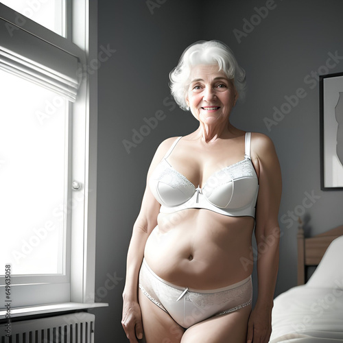 plus size senior woman model in black lingerie at home. Body positive and underwear, love for yourself and acceptance of the beauty of your body at any age. Generative AI
