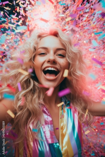 A joyful woman with blonde hair and a pink dress stands outside in the midst of a vibrant festival, her face radiating with happiness as magenta confetti swirls around her