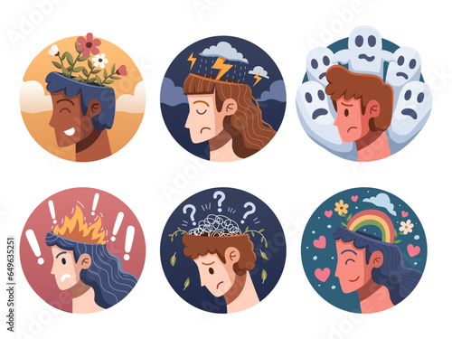 Vector illustration set is a visual representation of various mental health conditions, helping to raise awareness and reduce stigma around mental health.
Ideal for education, web, infographic, etc