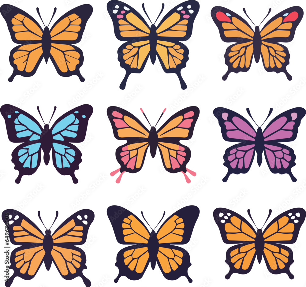 Butterfly set vector illustration, flat monarch butterfly set collection vector isolated on a white background Butterfly set vector illustration, flat monarch butterfly set collection vector isolated on a white background