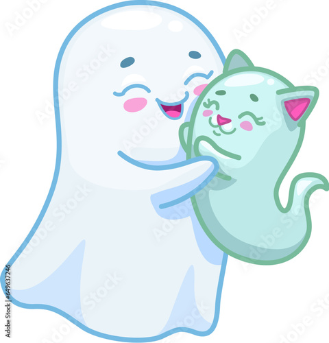 Halloween kawaii ghost characters with an adorable kitten spook companion, floats playfully through the ethereal realm, spreading ghostly charm and feline delight. Isolated vector cute friends souls