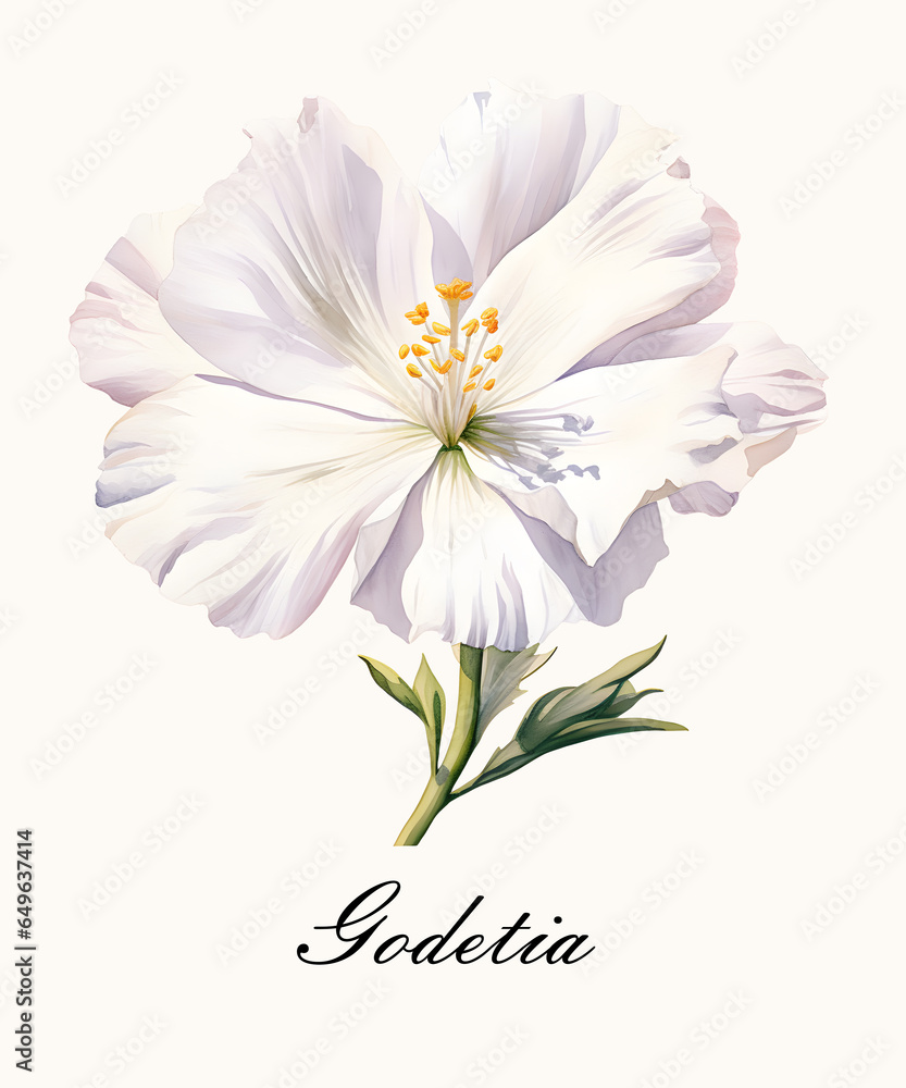 Watercolor white single godetia flower. Watercolor botanical illustration isolated.