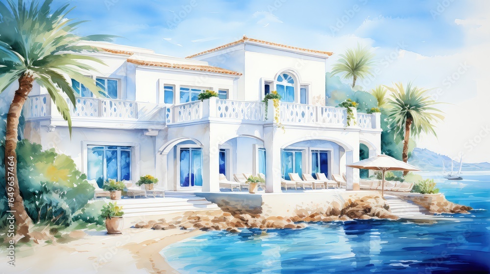 Charming seaside villa watercolor illustration - Generative AI.
