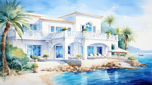 Charming seaside villa watercolor illustration - Generative AI. © Mariia