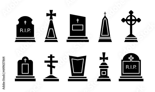 Gravestone and tombstone icons, tomb stone and headstone vector silhouettes. Cemetery or graveyard tomb with RIP and gothic cross, funeral memorials and Christian grave burial monument symbols