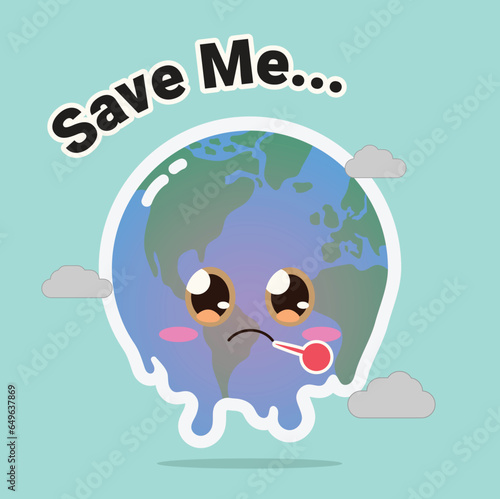 Climate change vector, earth with sad face, crying, polluted