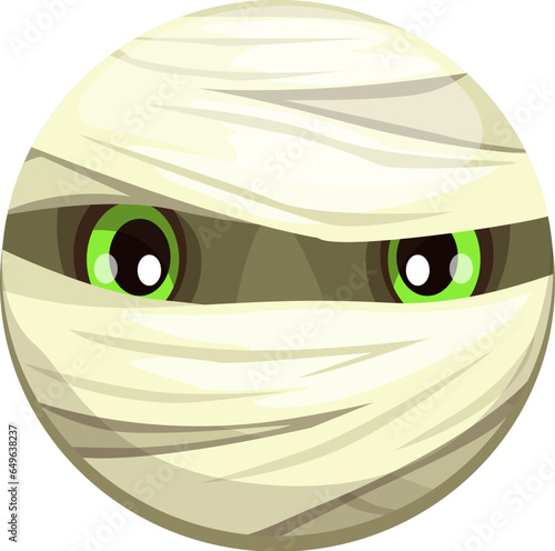 Cartoon Halloween mummy emoji character wrapped in tattered bandages with mischievous wide green eyes peeking out, evoking spooky yet playful vibes. Isolated vector cute emoticon round face for app