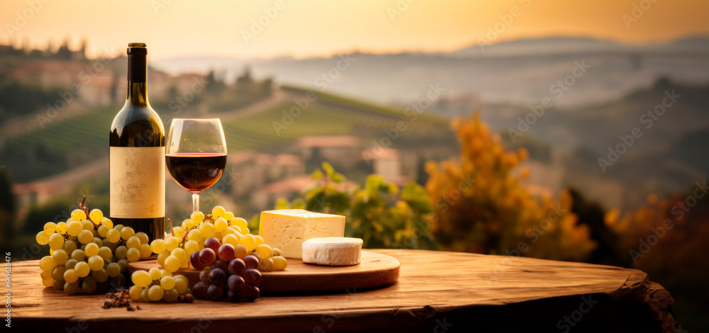 Wine Lover's Dream: Grape Cluster, Wine Bottle, and Glass in the Scenic Piedmont Wine Region of Italy, a UNESCO World Heritage site - obrazy, fototapety, plakaty 