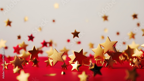 Golden shiny stars on a red background  festive New Year greeting background