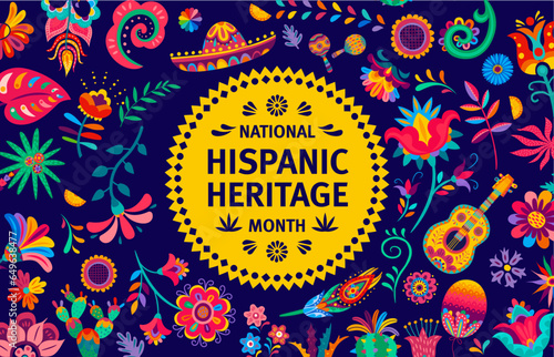 National hispanic heritage month flyer with papel picado banner. Vector background of spanish american floral pattern with cartoon flowers, mexican sombrero hat and latino guitar, cactus and palms